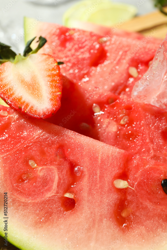 Watermelon with strawberry and ice, close up Watermelon with strawberry and ice, close up
