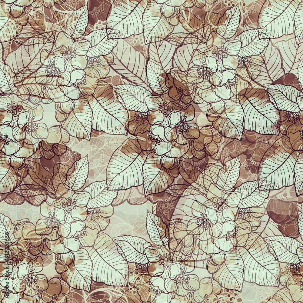 Flowers, buds and leaves of fanastic spring tree vintage seamless pattern. Digital art with mixed media texture - watercolour, acrylic. Endless motif for packaging, scrapbooking, textiles, decoupage 