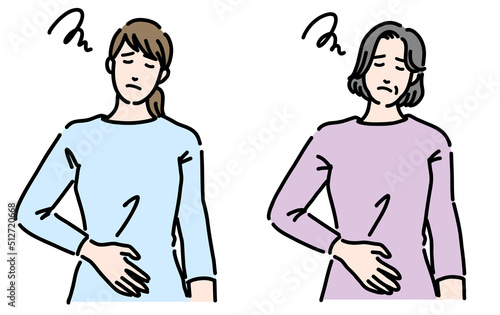 お腹の調子が悪く不調そうな女性のセット