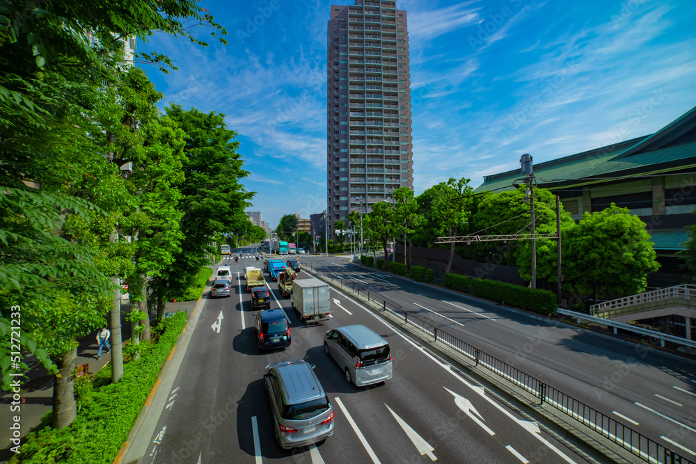 A traffic jam at the urban street in Tokyo wide shot
