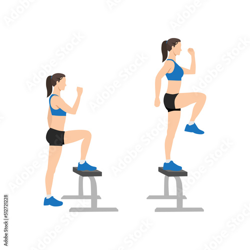 Woman doing Step up with knee raises exercise. Flat vector illustration isolated on white background