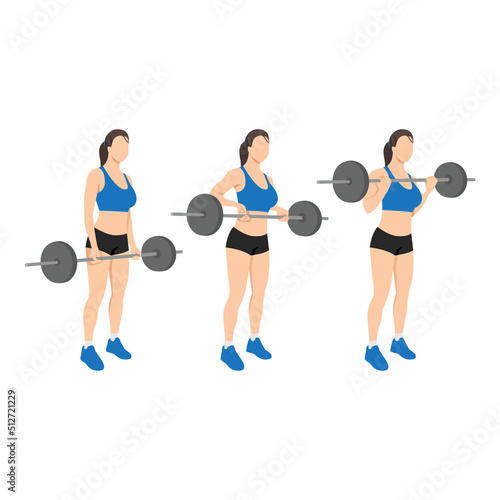 Woman doing Barbell drag bicep curls exercise. 21 bicep exercise. 7 Steps.Arm workout. Flat vector illustration of a fitness man isolated on white background