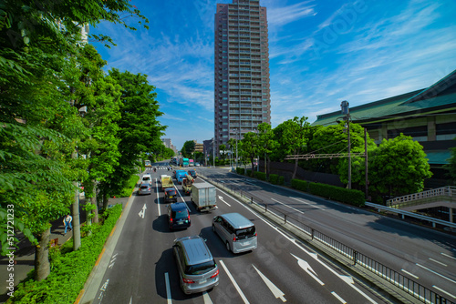 A traffic jam at the urban street in Tokyo wide shot