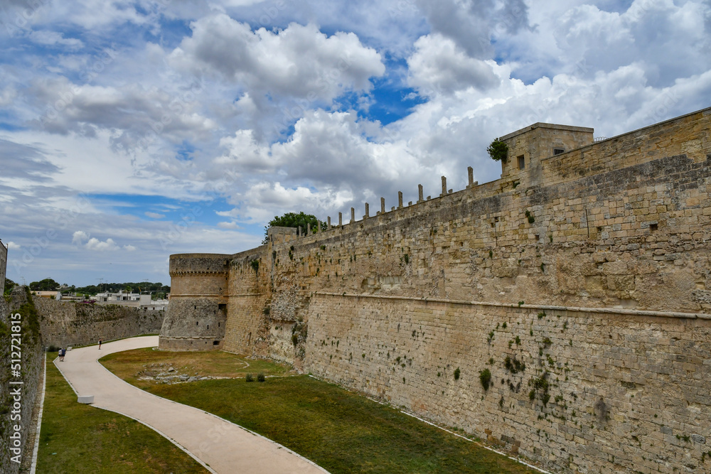 The towers and walls of an Aragonese castle that defended the city of Otranto from pirate attack, Italy.