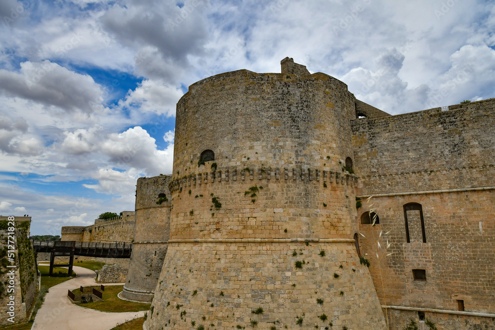 The towers and walls of an Aragonese castle that defended the city of Otranto from pirate attack, Italy.