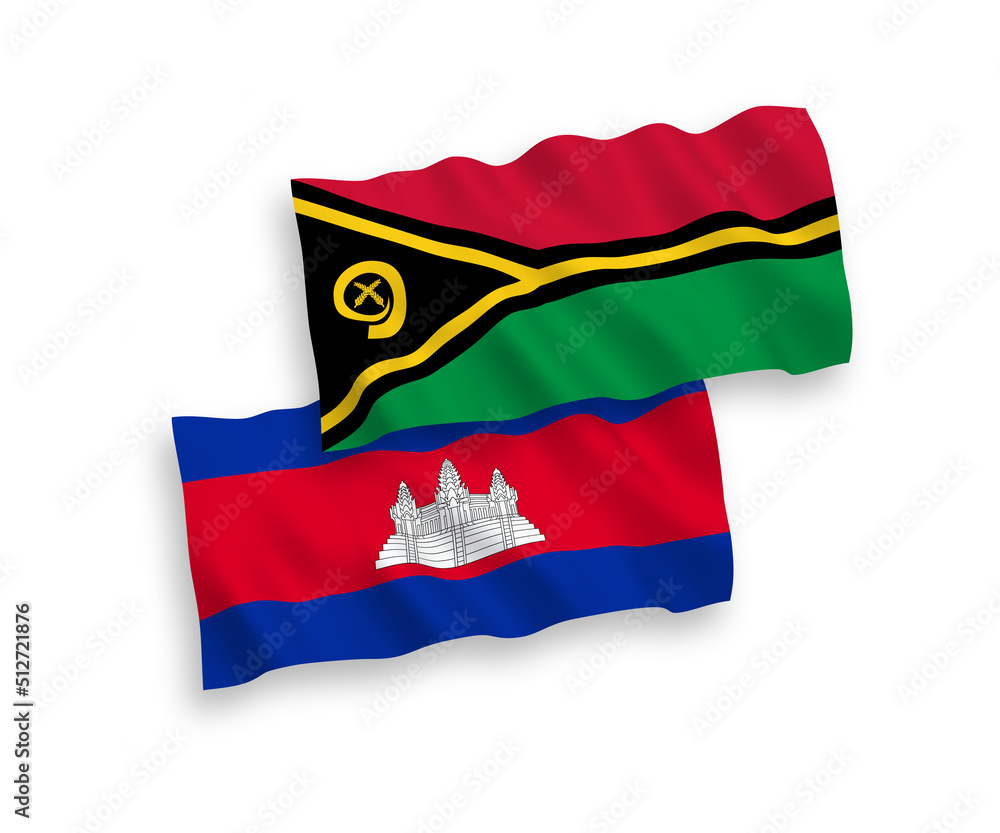 National vector fabric wave flags of Kingdom of Cambodia and Republic of Vanuatu isolated on white background. 1 to 2 proportion. National vector fabric wave flags of Kingdom of Cambodia and Republic of Vanuatu isolated on white background. 1 to 2 proportion.