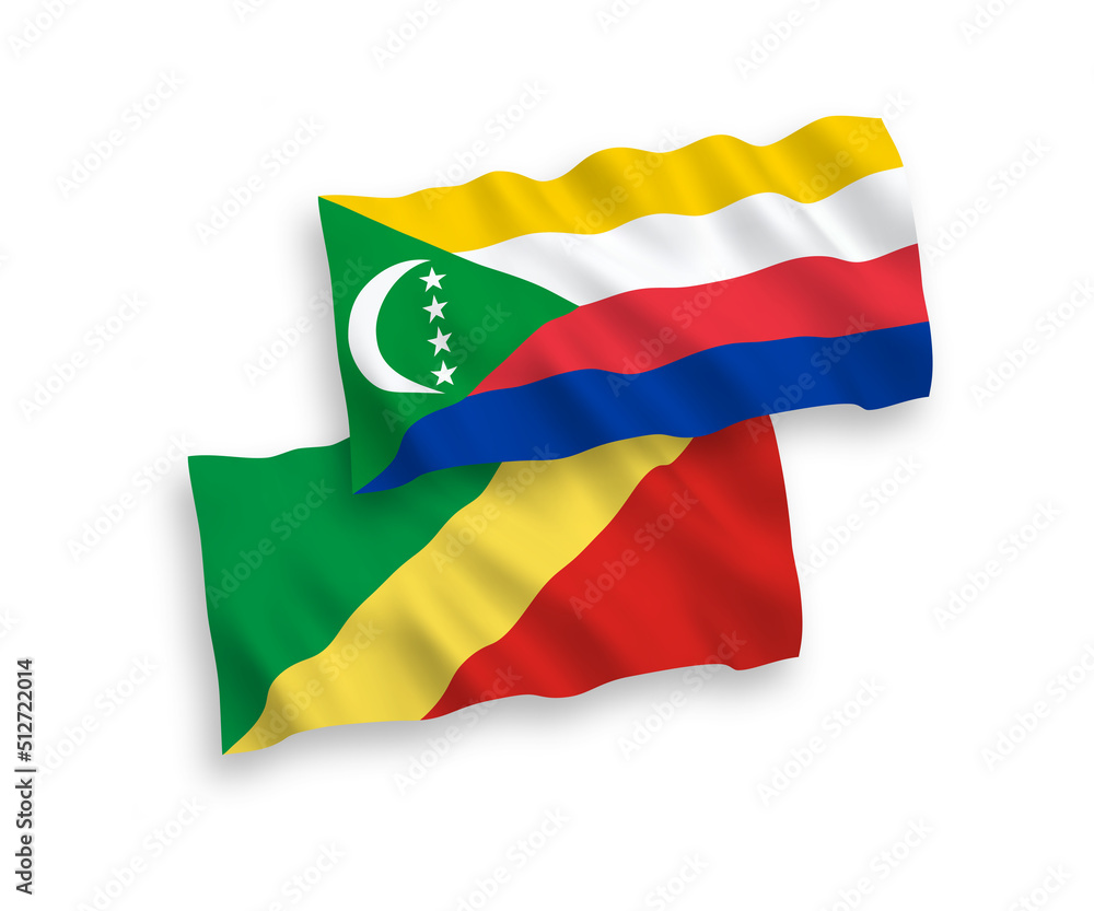 National vector fabric wave flags of Union of the Comoros and Republic of the Congo isolated on white background. 1 to 2 proportion.
