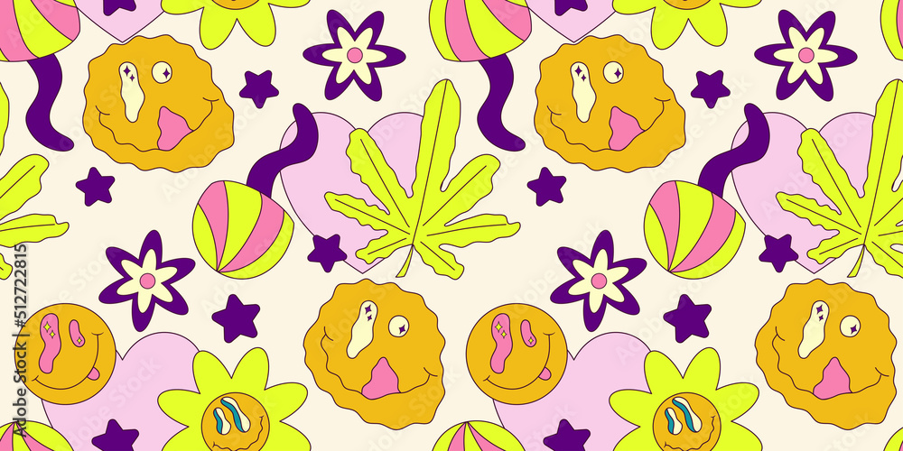 Trippy smile seamless pattern with cannabis and mushroom. Psychedelic hippy groovy print. Good 60s, 70s, mood. Vector trippy crazy illustration. Smile face seamless pattern y2k style.