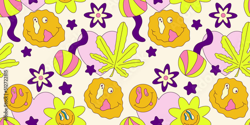 Trippy smile seamless pattern with cannabis and mushroom. Psychedelic hippy groovy print. Good 60s, 70s, mood. Vector trippy crazy illustration. Smile face seamless pattern y2k style.
