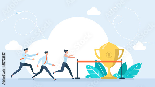 Winner's Cup. Running people. Finish Line. Business People run race crossing finish line ribbon. Team leader finish first. Achieve Goal. Win Concept. Way to Victory. Leadership. Vector Illustration