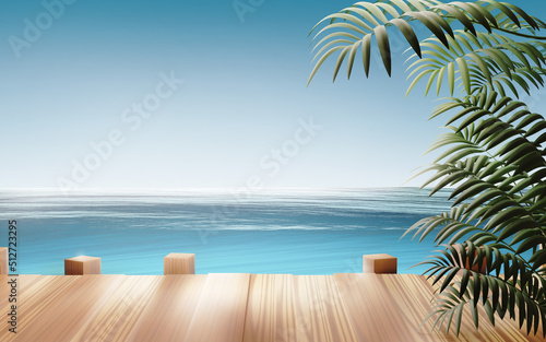 Wooden table with sea background  3D Rendering  3D illustration