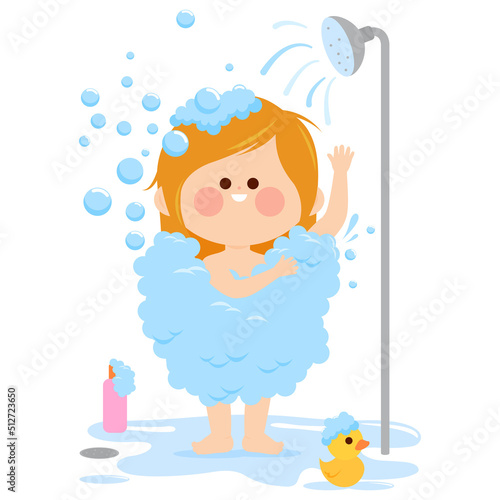 Little child in the bathroom taking a shower. Vector illustration