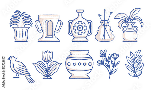 Set of greek vases with flowers ornament