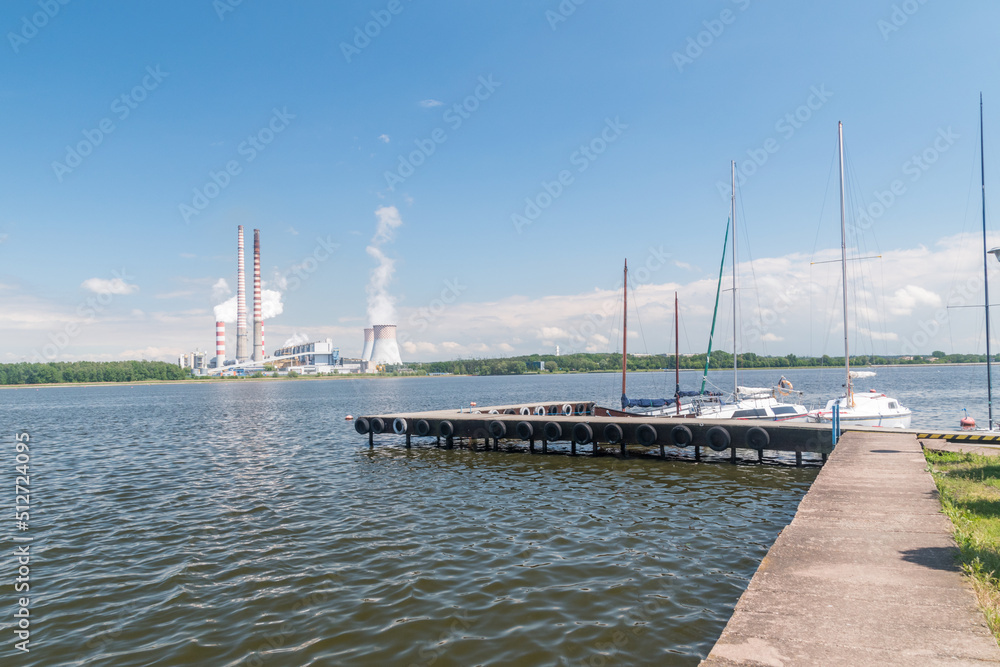 Obraz na płótnie Rybnickie (Rybnik) lake and Coal-fired power plant in background in Rybnik, Poland. w salonie