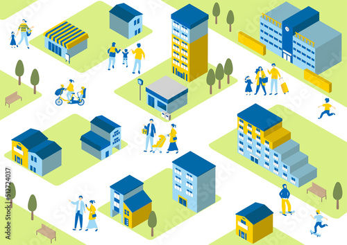 アイソメトリック　街の風景と人々