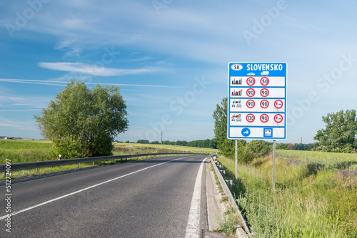 Entrance road to Slovakia with board with speed limits in Slovakia. photo