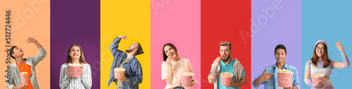 Wallpaper Mural Group of young people with crunchy popcorn on colorful background with space for