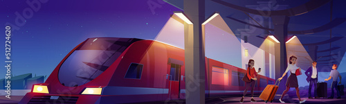 People with luggage on railway station platform at night. Vector cartoon illustration of city landscape with station in electric lamp light, speed train on rails and passengers with suitcases