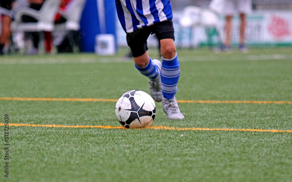 Junior soccer player kicking the ball	