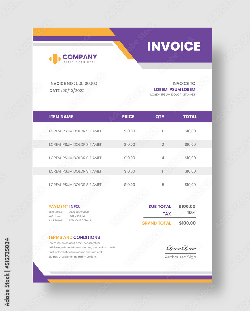 corporate modern minimal Business invoice form template. Invoicing quotes, money bill, Tax form, payment receipt, price invoices and payment agreement design template.