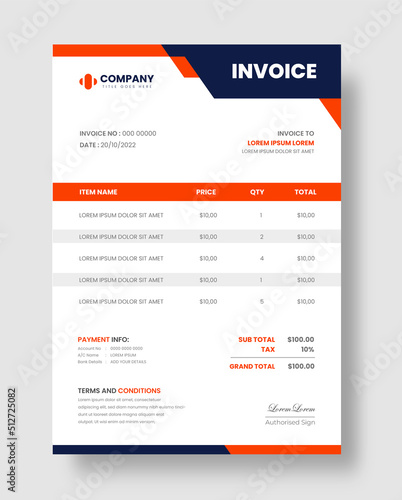 corporate modern minimal Business invoice form template. Invoicing quotes, money bill, Tax form, payment receipt, price invoices and payment agreement design template. photo