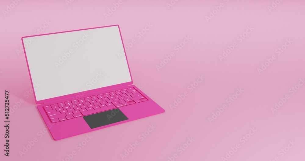 Pink laptop computer with blank white screen isolated on light pink background high resolution 8k JPEG 3d illustration Pink laptop computer with blank white screen isolated on light pink background high resolution 8k JPEG 3d illustration