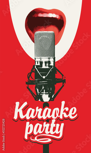 Vector poster for a karaoke party with a singing female mouth, a studio microphone and a calligraphic inscription on a red background. Suitable for advertising banner, music poster, flyer, invitation