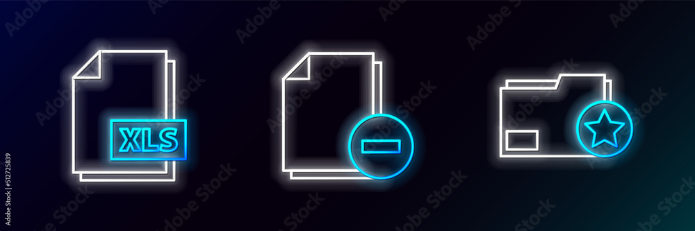 Set line Document folder with star, XLS file document and minus icon. Glowing neon. Vector Set line Document folder with star, XLS file document and minus icon. Glowing neon. Vector