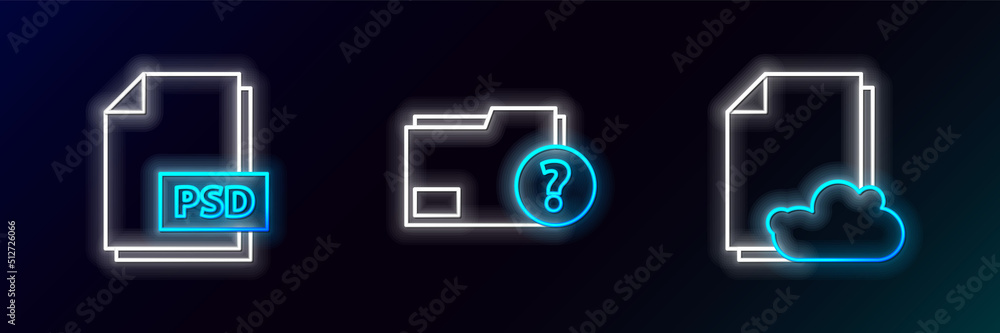 Set line Cloud storage text document, PSD file and Unknown folder icon. Glowing neon. Vector Set line Cloud storage text document, PSD file and Unknown folder icon. Glowing neon. Vector