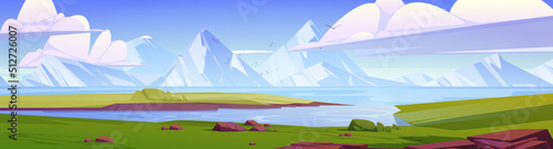 Summer landscape with lake, green fields and mountains. Vector cartoon illustration of nature panorama with river or sea strait with blue water and white rocks on horizon