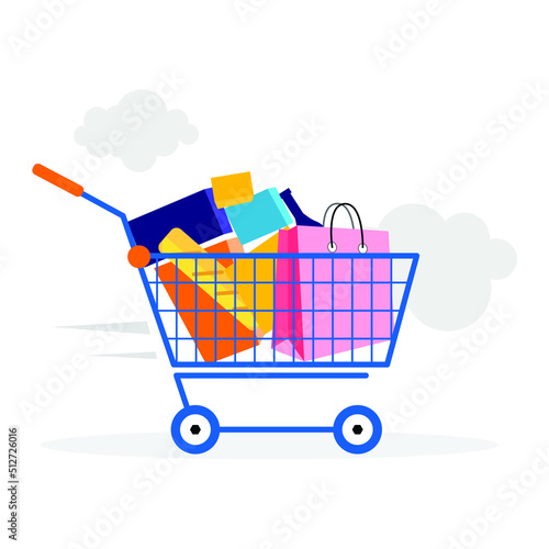 Supermarket shopping cart with grocery products.