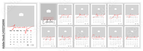 Wall Monthly Photo Calendar 2023. Simple monthly vertical photo calendar Layout 2023 year in English. Cover, 12 months templates. Week starts from Monday. Vector illustration