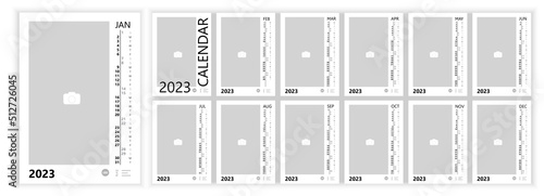 Wall Monthly Photo Calendar 2023. Simple monthly vertical photo calendar Layout 2023 year in English. Cover, 12 months templates. Week starts from Monday. Vector illustration