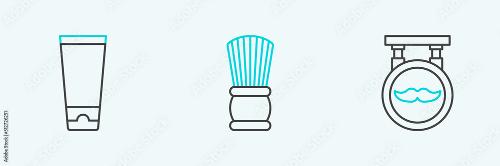 Set line Barbershop, Cream or lotion cosmetic tube and Shaving brush icon. Vector