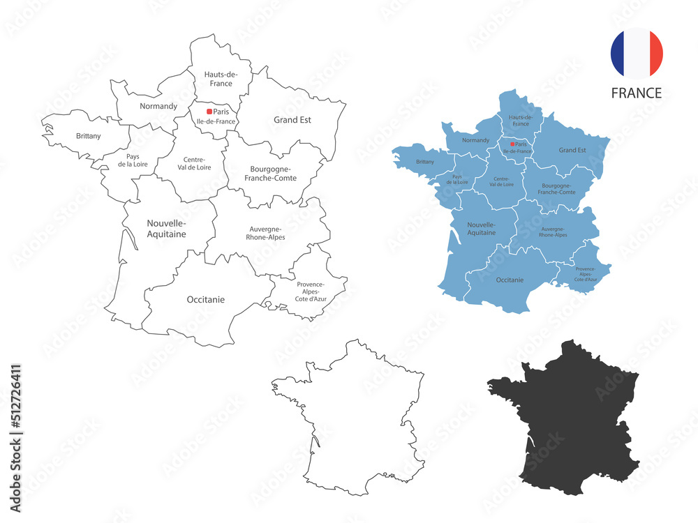 Obraz premium 4 style of France map vector illustration have all province and mark the capital city of France. By thin black outline simplicity style and dark shadow style. Isolated on white background.