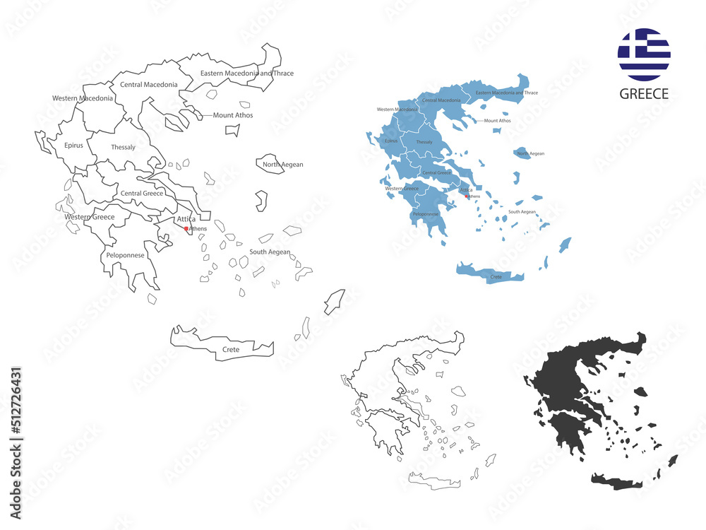 4 style of Greece map vector illustration have all province and mark the capital city of Greece. By thin black outline simplicity style and dark shadow style. Isolated on white background.