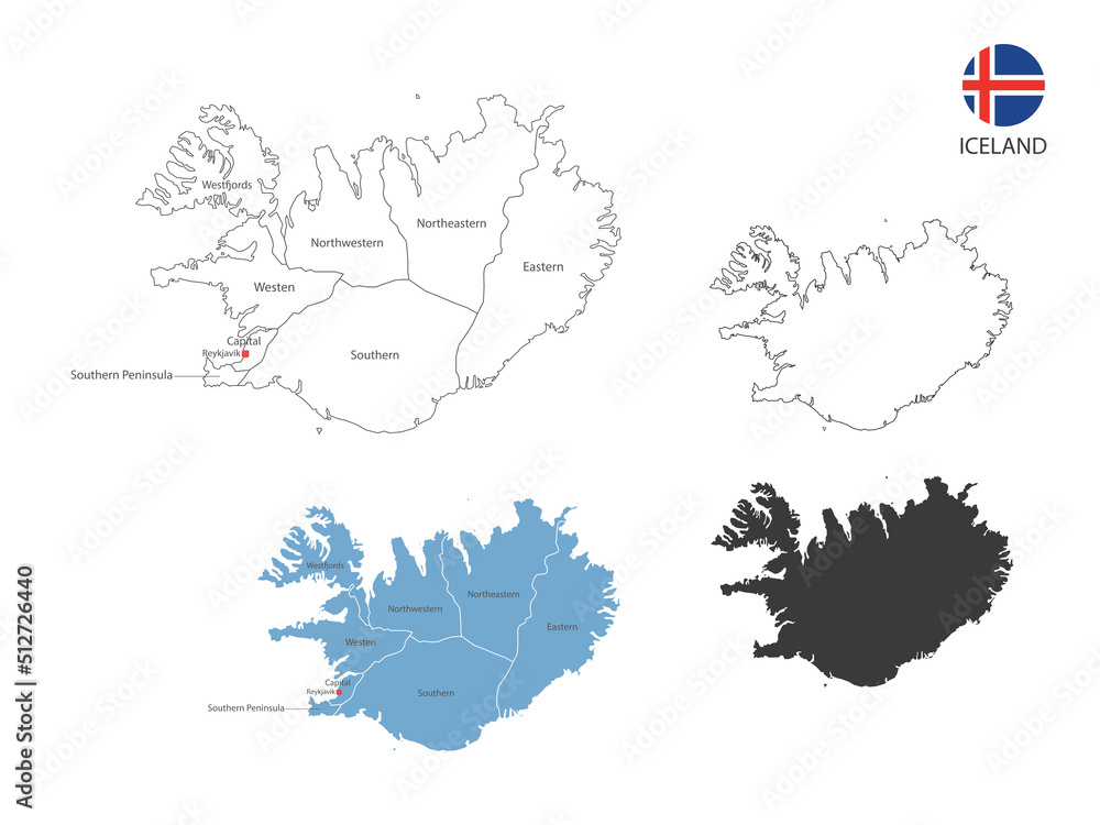 Obraz premium 4 style of Iceland map vector illustration have all province and mark the capital city of Iceland. By thin black outline simplicity style and dark shadow style. Isolated on white background.