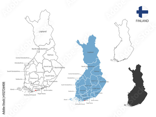 4 style of Finland map vector illustration have all province and mark the capital city of Finland. By thin black outline simplicity style and dark shadow style. Isolated on white background.