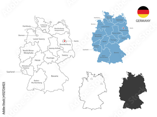 4 style of Germany map vector illustration have all province and mark the capital city of Germany. By thin black outline simplicity style and dark shadow style. Isolated on white background.
