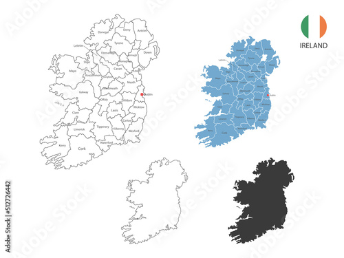4 style of Ireland map vector illustration have all province and mark the capital city of Ireland. By thin black outline simplicity style and dark shadow style. Isolated on white background.