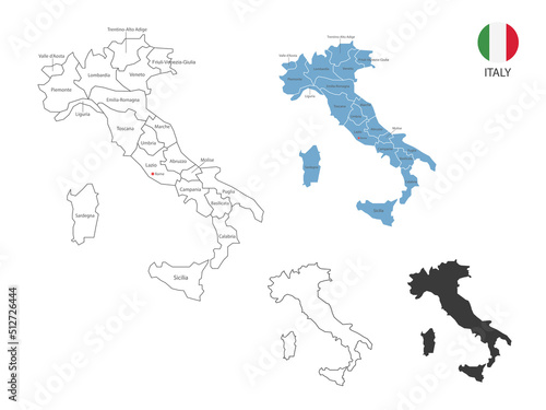 4 style of Italy map vector illustration have all province and mark the capital city of Italy. By thin black outline simplicity style and dark shadow style. Isolated on white background.