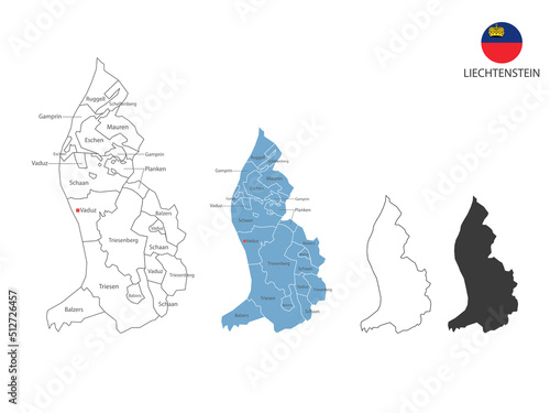 4 style of Liechtenstein map vector illustration have all province and mark the capital city of Liechtenste. By thin black outline simplicity style and dark shadow style. Isolated on white background. photo