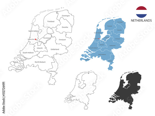 4 style of Netherlands map vector illustration have all province and mark the capital city of Netherlands. By thin black outline simplicity style and dark shadow style. Isolated on white background.