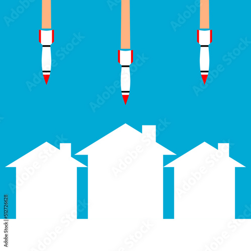 White missile rocket warhead frying air strikes attack destroyed building city home in war with blue background icon flat vector design.
