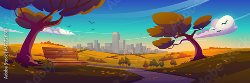 Autumn suburban landscape with road, wooden bench and urban skyline. Vector cartoon illustration of nature scene with hills and trees in fall, blue sky, white clouds and city buildings in horizon