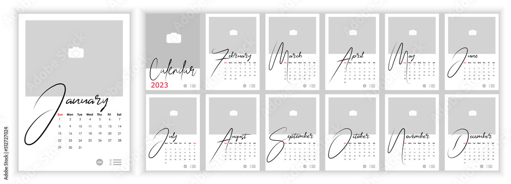 Wall Monthly Photo Calendar 2023. Simple monthly vertical photo calendar Layout for 2023 year in English. Cover Calendar, 12 months templates. Week starts from Sunday. Vector illustration - obrazy, fototapety, plakaty 