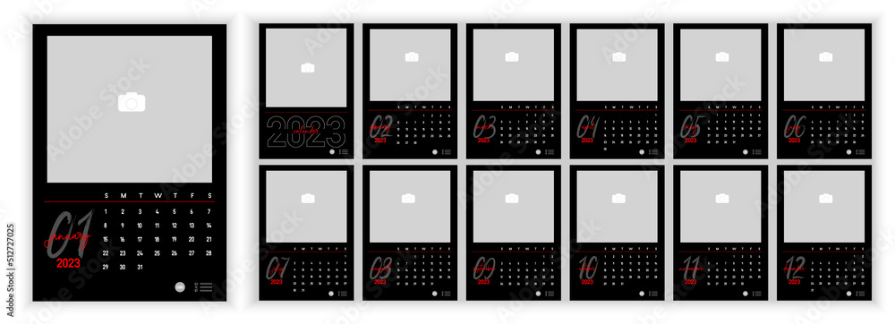 Wall Monthly Photo Calendar 2023. Simple monthly vertical photo Wall Monthly Photo Calendar 2023. Simple monthly vertical photo