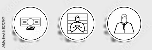 Set line Lawyer, attorney, jurist, Stacks paper money cash and Suspect criminal icon. Vector