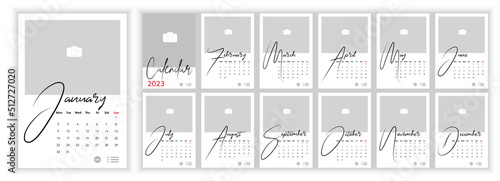 Wall Monthly Photo Calendar 2023. Simple monthly vertical photo calendar Layout 2023 year in English. Cover, 12 months templates. Week starts from Monday. Vector illustration