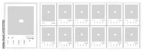 Wall Monthly Photo Calendar 2023. Simple monthly vertical photo calendar Layout for 2023 year in English. Cover Calendar, 12 months templates. Vertical data grids. Vector illustration